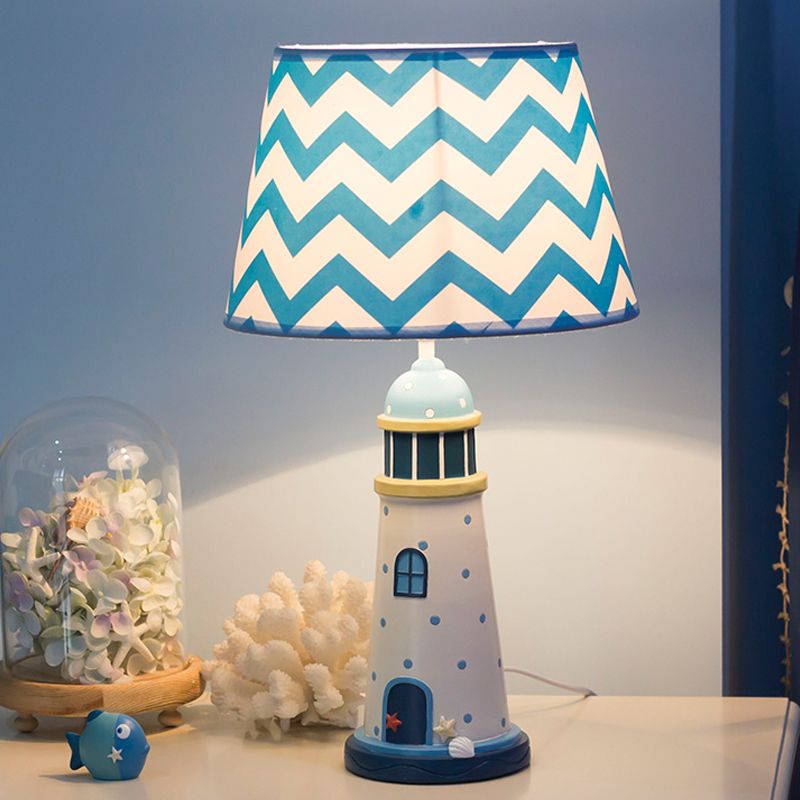 14"/18" Wide Cone Table Lighting Cartoon Style Fabric 1 Light Blue/White Stand Up Lamp with Resin Tower Base