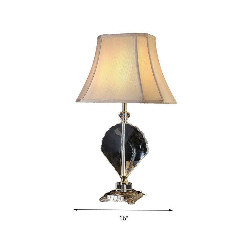 1 Light Table Lamp Minimalism Bell Shaped Fabric Night Light in Beige with Leaf Crystal Accent