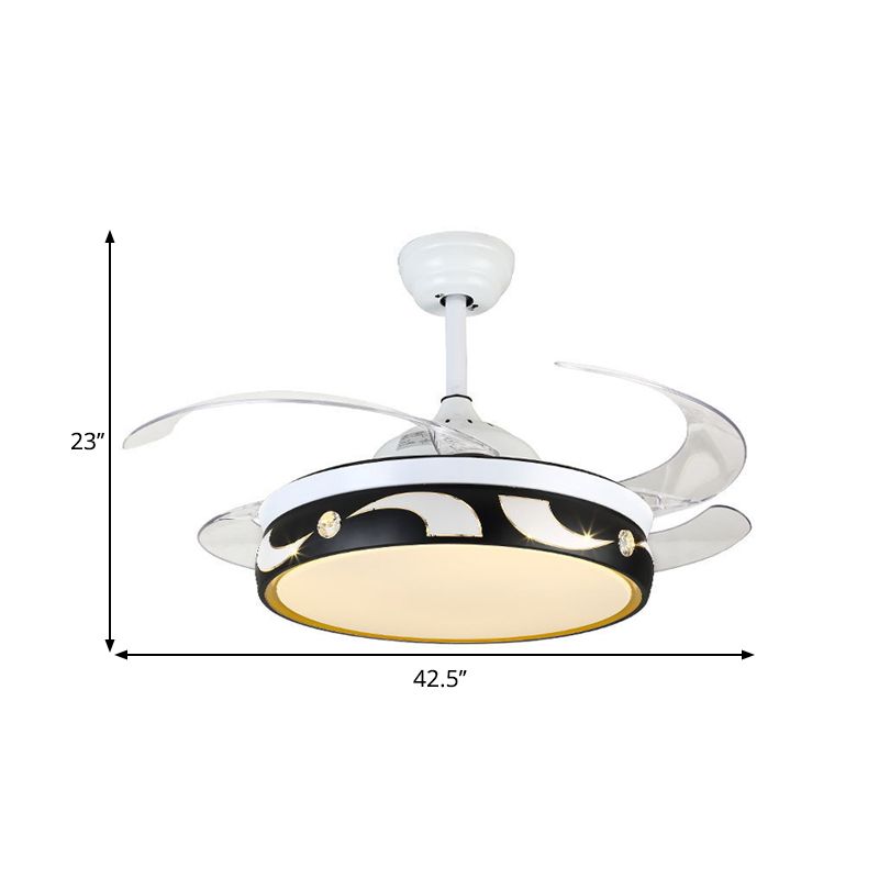 42.5 "W Drum hanger ventilatorlamp Moderner Acryl Zwart-wit 4-Blade LED Semi Flush plafondlicht met zon en maanpatroon