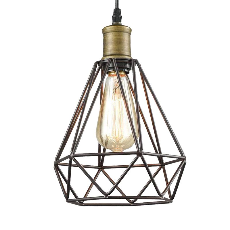 Vintage Diamond Caged Shade Hanging Ceiling Light 1 Bulb Metal Pendant Lighting in Bronze