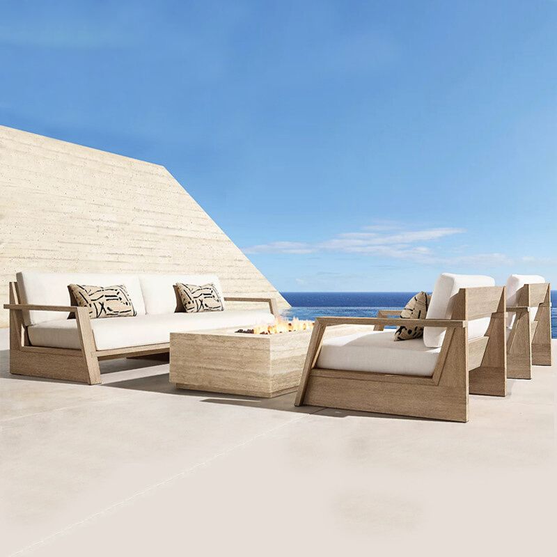 Modern & Contemporary Patio Sofa Wood With Cushions White Teak Fabric Outdoor Patio Sofa