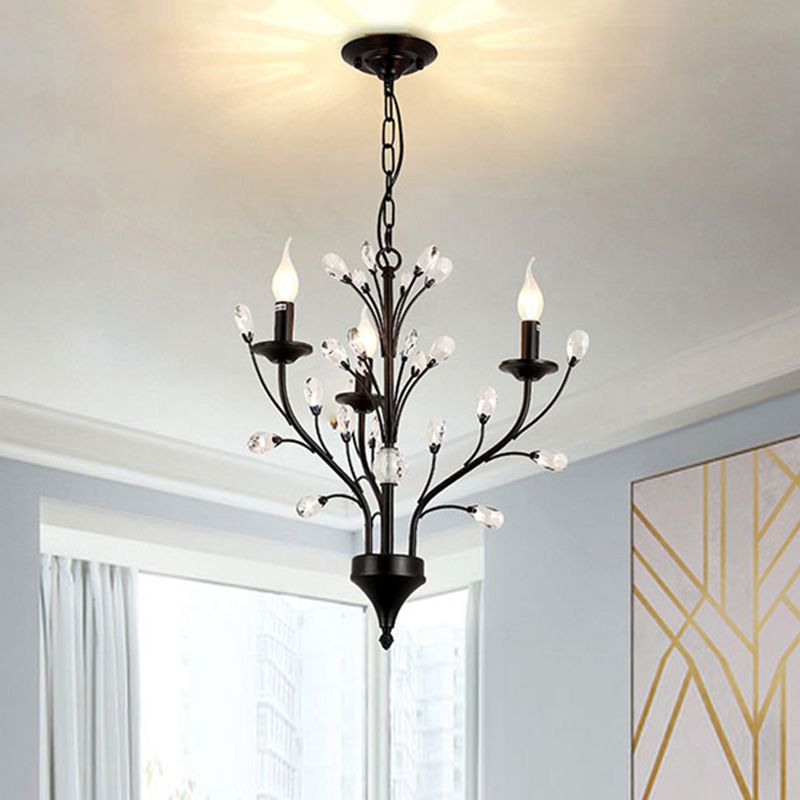 3/6/9 Lights Dining Room Chandelier Lamp Modern Black Floral Iron Pendant Light with Crystal Draping