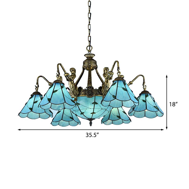 9 lumières lampe de plafond de salle à manger Tiffany Lumière de lustre bleu avec nuance en vitrail en cône