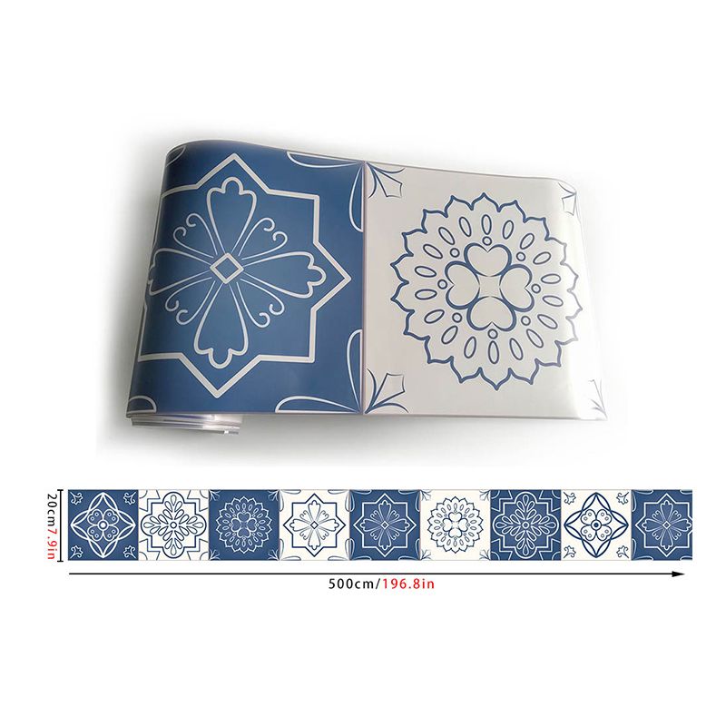 Flower Mandala Tiles Wallpaper Border Bohemian PVC Wall Art in Blue and White, Peel off