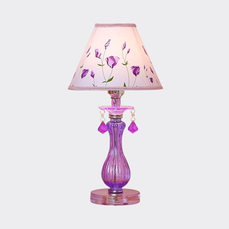 Romantic Pastoral 1 Light Night Lamp Purple Cone/Scalloped Nightstand Light with Fabric Shade and Crystal Accent