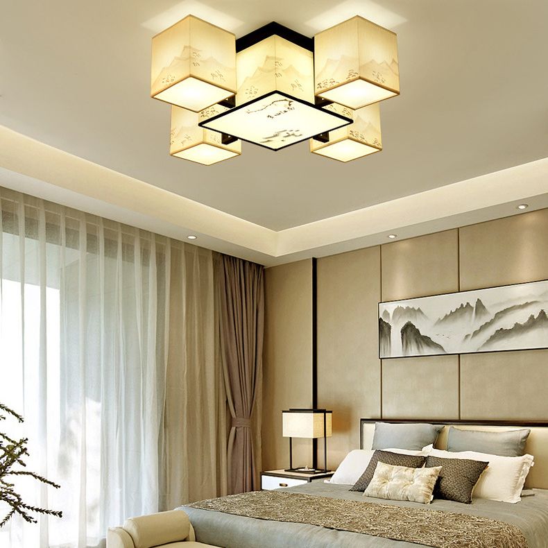 Beige Rectangular LED Semi Flush Mount in Traditional Concise Style Wrought Iron Ceiling Light with Fabric Shade