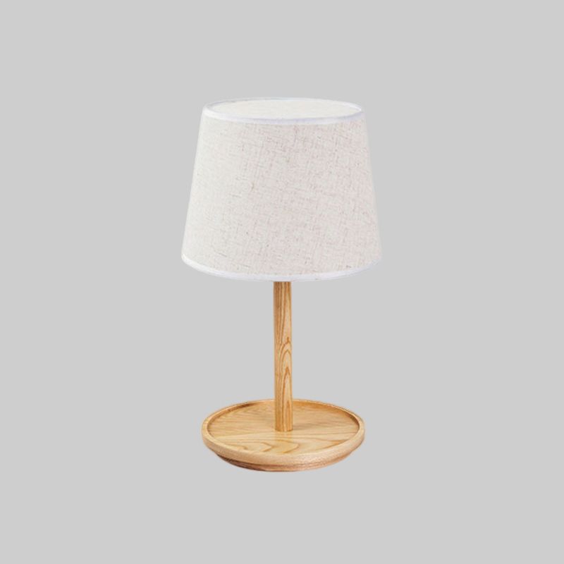 Barrel Task Lamp Modernist Fabric 1 Bulb White Table Light, Round Beige Wood Base