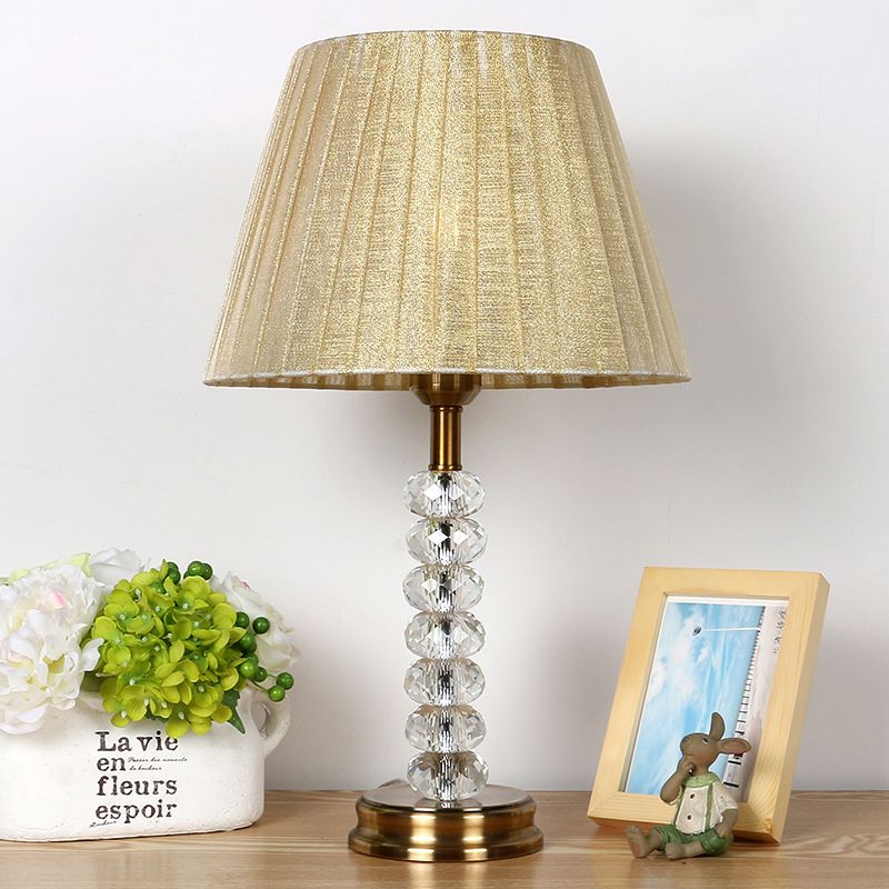 Beige Pleated Lampshade Table Lighting Simple 1 Bulb Faceted Crystal Night Lamp for Living Room