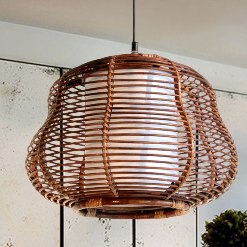 Lampada a ciondolo di zucca marrone Asia 1 lampadina Bamboo Afferma del soffitto con ombra tubolare bianca interna