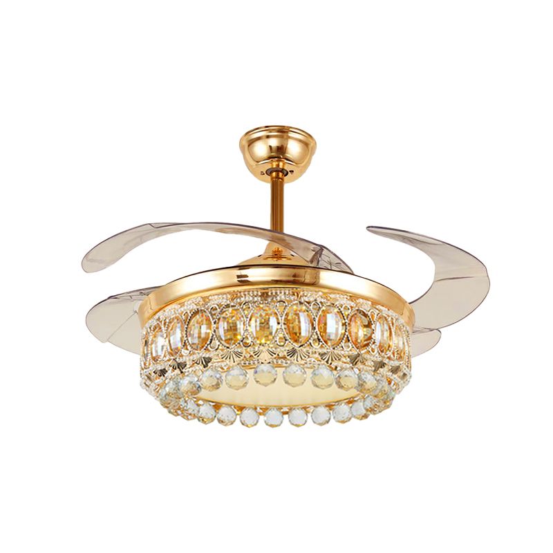 Vintage Crown LED Ceiling Fan Clear Crystal Ball LED Living Room Semi Flush Light in Gold