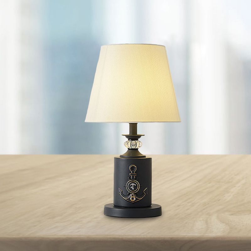 Mediterraner Stil Zylindertisch Leuchte Metall Ein-Nacht-Stoffnachtlampe in Schwarz/Wasser Blau