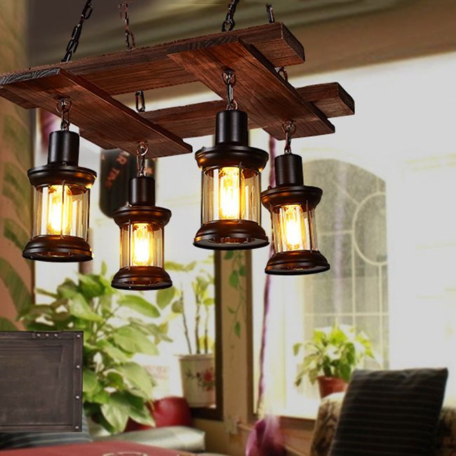 Cylinder Shape Island Lamps Industrial Style Wood 4 Lights Island Light in Brown