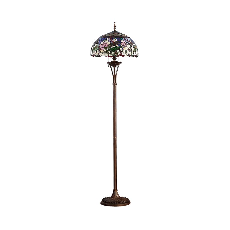 Green Dome Floor Light Vintage 3 Bulbs Stained Glass Pull Chain Standing Light with Floral and Dragonfly Pattern