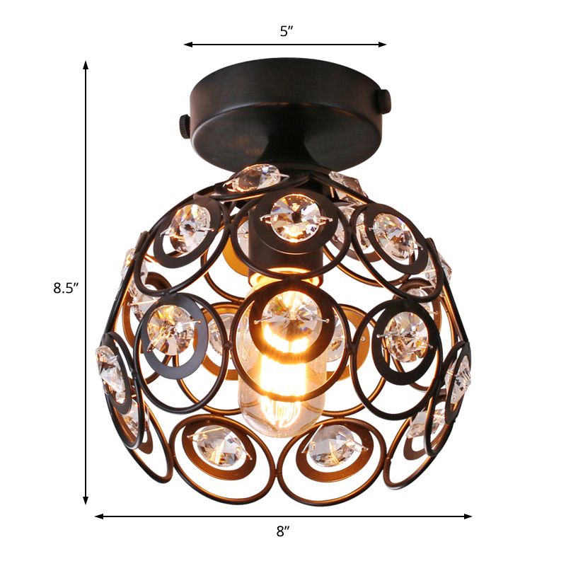 Black Metal Semi Flush Pendant Light Modern Dome Shade 1 Light Ceiling Mounted Fixture with Clear Crystal Deco