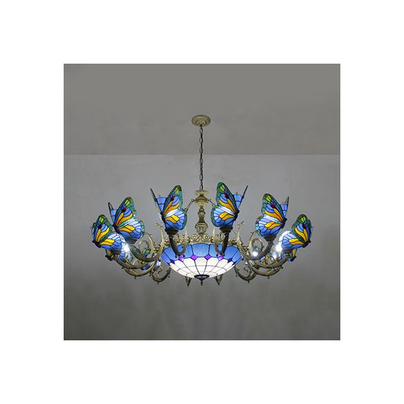 Butterfly Indoor Pendant Light Stained Glass Tiffany Chandelier Lamp in Dark Blue/Sky Blue/Beige/Blue for Hallway