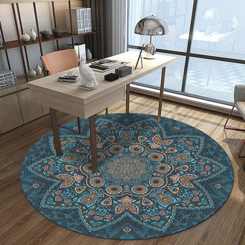 Blue Living Room Area Carpet Bohemian Americana Pattern Rug Polyester Stain Resistant Area Rug