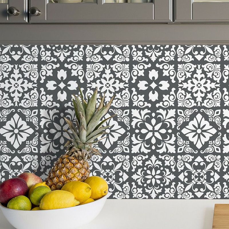 Botanix Moroccan Tile Wallpaper Panels Bohemian PVC Wall Covering in Black-White, Adhesive