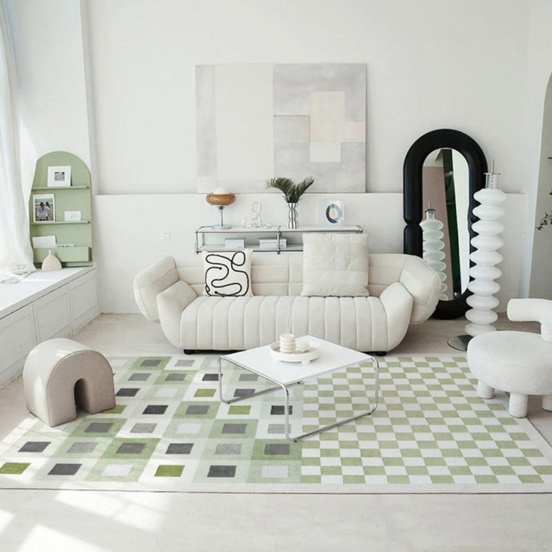 Green Nordic Rug Polyester Grid Pattern Rug Stain Resistant Rug for Home Decoration