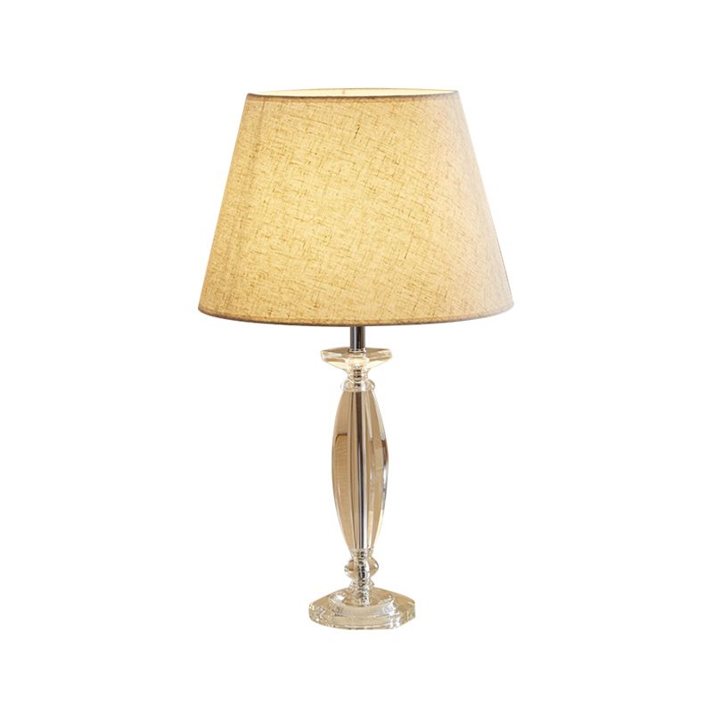 1-Head Fabric Shade Table Light Traditional White/Flaxen/Coffee Tapered Study Room Nightstand Lamp with Crystal Base