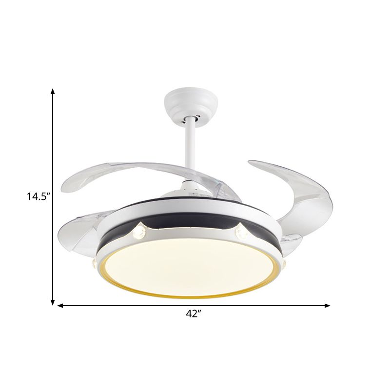 Acrylic Drum-Shaped Ceiling Fan Light Minimalism White 4-Blade LED Semi Flush Mount Lighting, 42" Wide