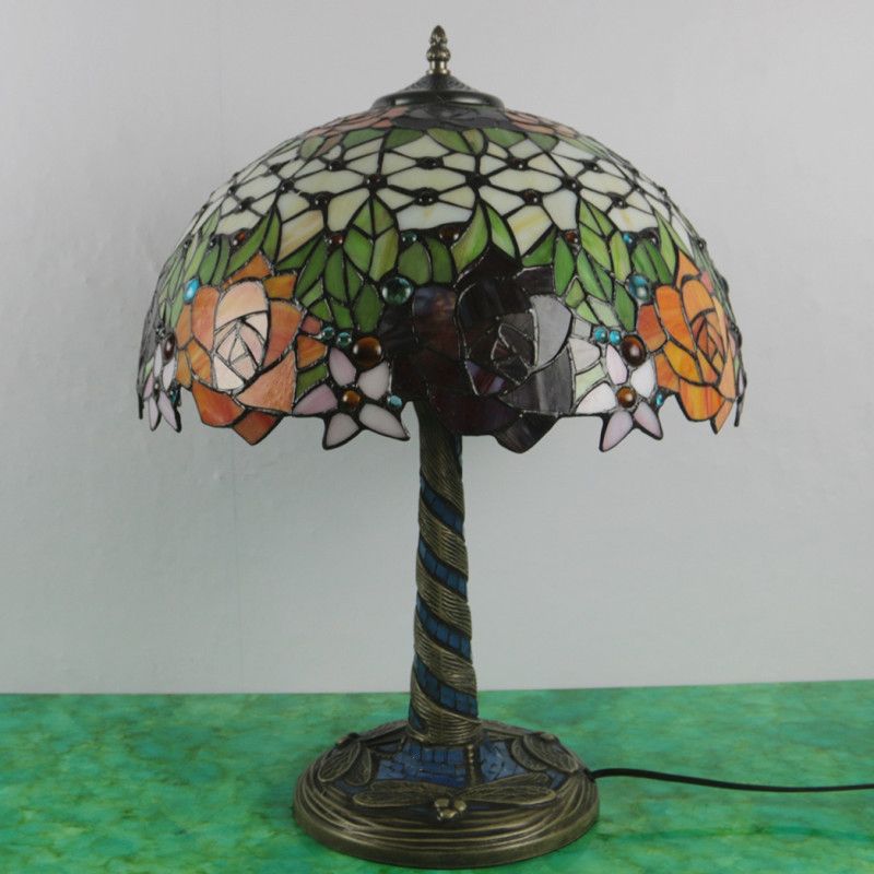 1 Light Flower Nightstand Lamp Tiffany Style Brass Stained Glass Night Table Light for Bedroom