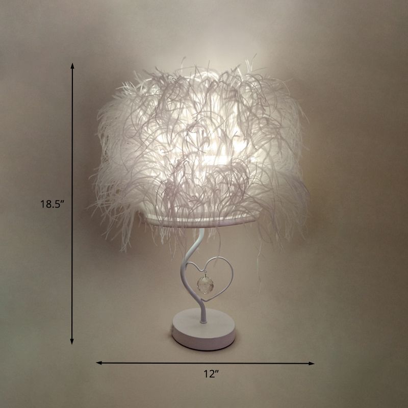 White Feather Night Table Lighting Modern 1-Bulb Fabric Desk Lamp for Bedside with Crystal Drop