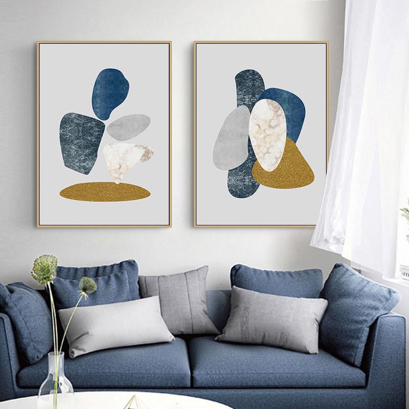 Minimalist Pebbles Drawing Art Print House Interior Canvas in Blue-Grey on White