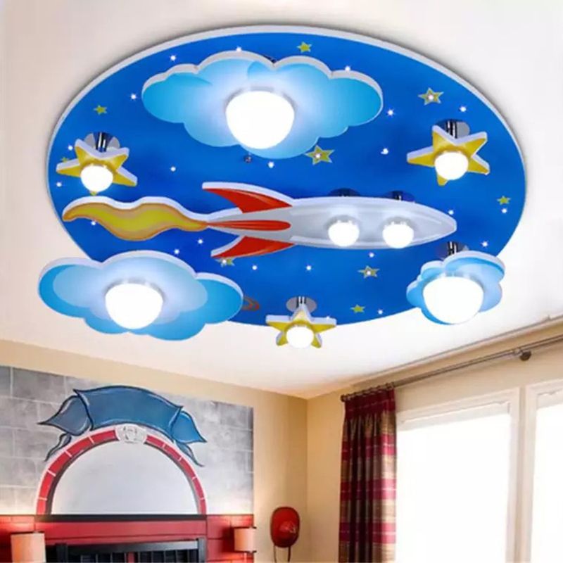 Holzrocket und Star Flush Mount Childrens 8 Bulbs Blue Flushmount Ceiling Light