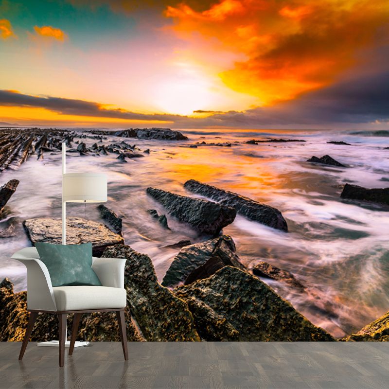 Rock Shore at Sunset Mural Tropical Smooth Wall Covering in Yellow-Green, Made to Measure