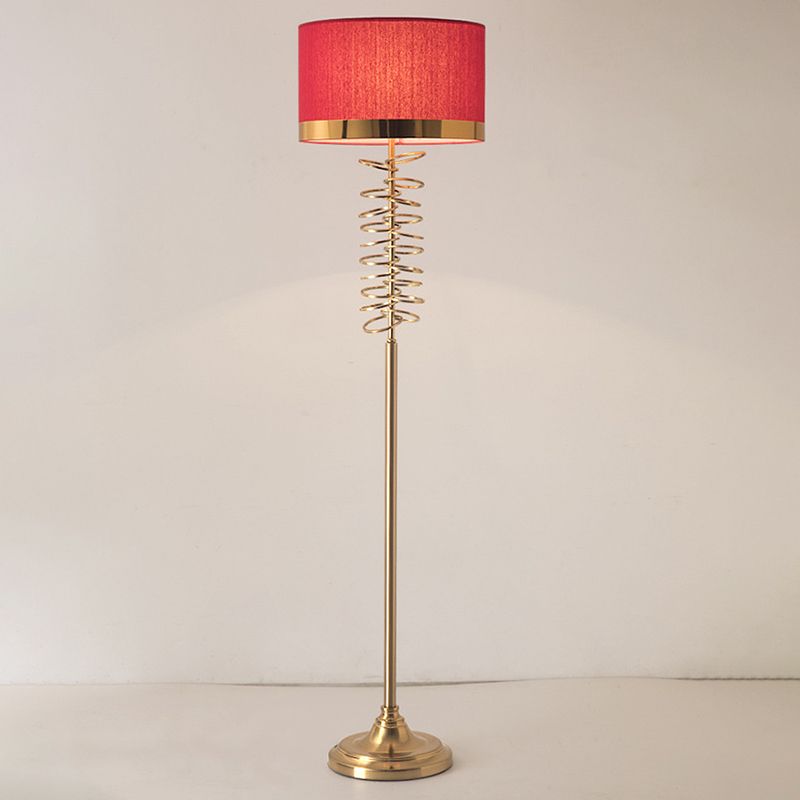 Fabric White/Red Floor Light Drum Single Head Antique Stand Up Lamp with Rings Deco for Parlor