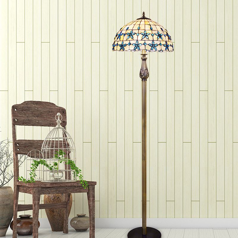 Grid Dome Standing Floor Lighting 2 Heads Shell Baroque Floor Lamp in Blue with Floret Pattern