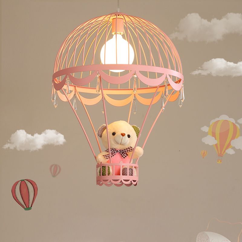 Hot Air Balloon Bedside Ceiling Light Metal Single Cartoon Hanging Lamp with Bear and Crystal Accent