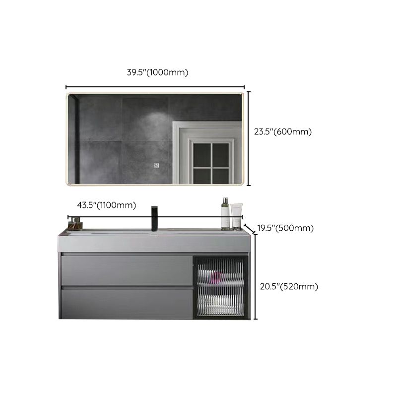 Drawers Bathroom Vanity Metal Single Sink Grey Rectangle Wall Mount Vanity Set with Mirror