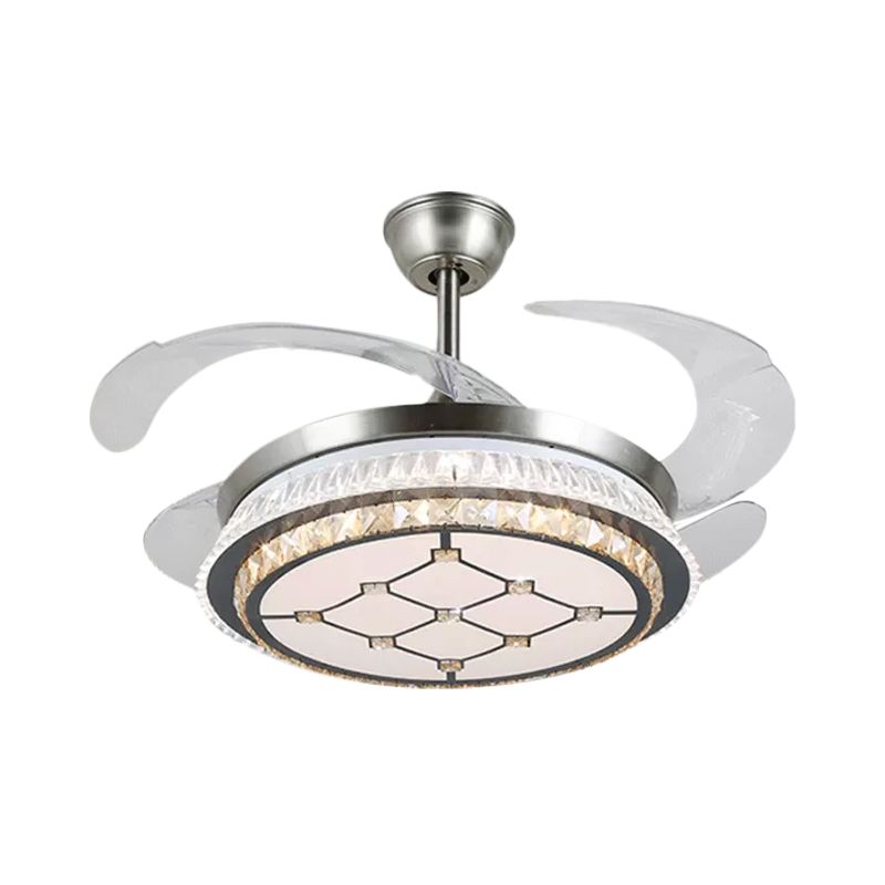 Silver Layered 4 Blades Semi-Flush Mount Modernism LED Crystal Pendant Fan Light Fixture, 19" Wide