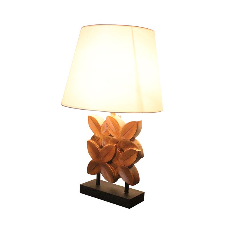 Empire Shade Table Lighting Retro Fabric 1 Bulb White Night Stand Lamp with Wood Carved Leaf Base