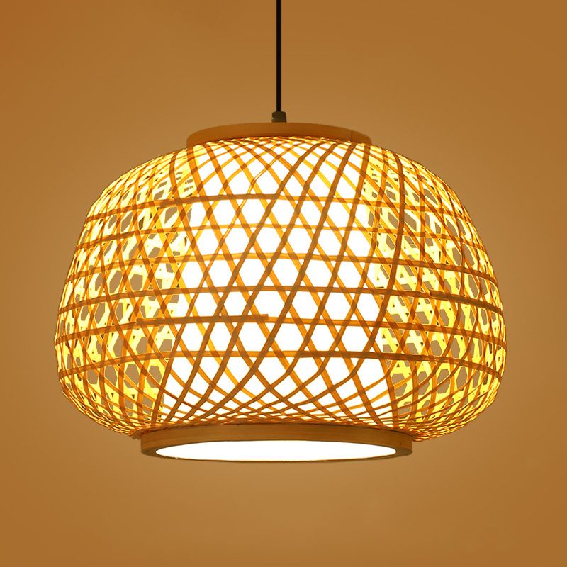 Brown Drum Pendant Light in Asian Creative Style Fer Whited Fon Lamping avec une teinte de tissage de bambou