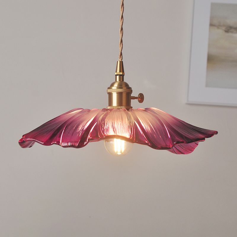 Vintage Floral Hanging Lamp Single-Bulb Ribbed Glass Lighting Pendant for Restaurant