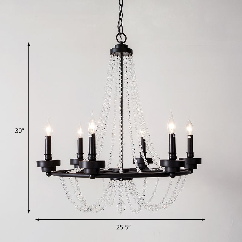 Modernist Candle Chandelier Light Metal 5/6 Lights Pendant Lamp with Crystal Beaded Strand in Black