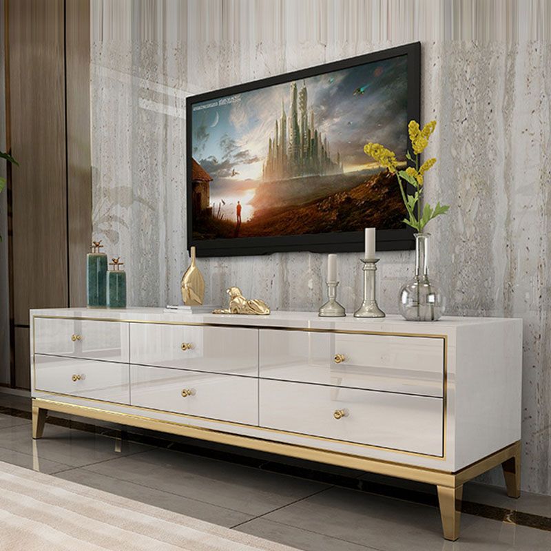 Glam Glossy TV Console Stainless Steel Frame Glass Top TV Stand with Drawers