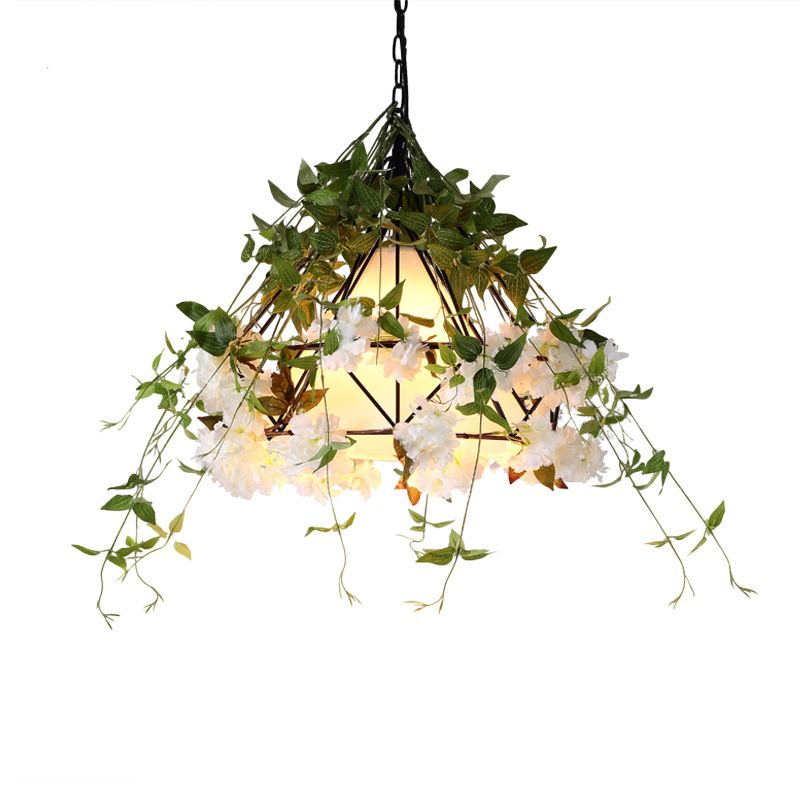 Green Single-Bulb Suspension Lighting Retro Iron Conical Cage Pendant Ceiling Light with Artificial Flower