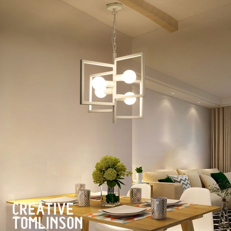 White Iron Frame Pendant Light in Industrial Minimalist Style Geometric 4-Light Hanging Lamp for Commercial Place