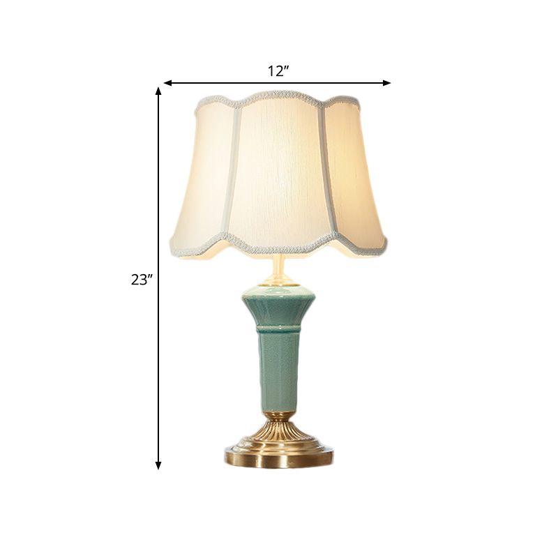 Porcelain Blue Desk Light Column-Shaped Base 1 Light Traditional Table Lamp with Ruffle Edged Fabric Shade