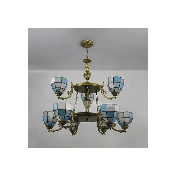 2 Tiers Bowl Hanging Chandelier with 10" Adjustable Chain 9 Lights Stained Glass Living Room Lighting