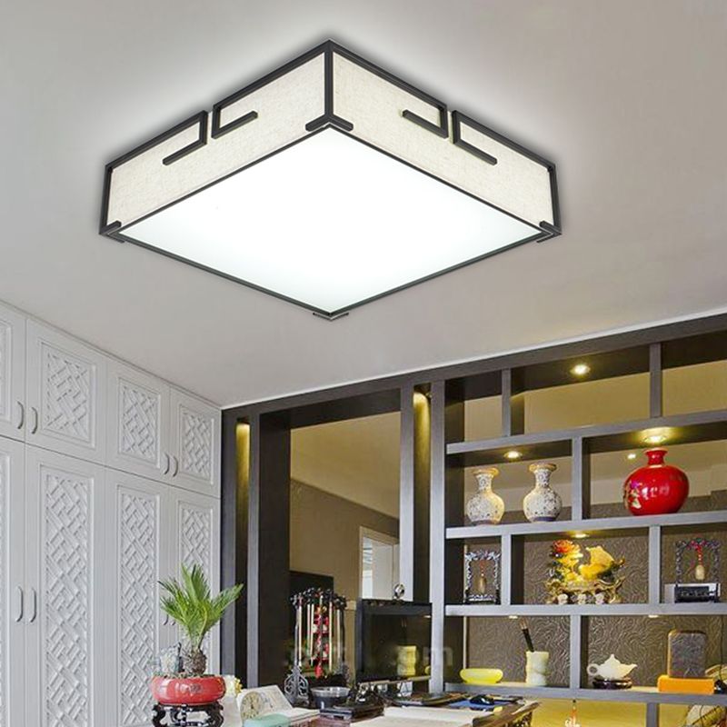 Geometric Shape Flush Mount Modern Ceiling Light with Fabric Shade in White