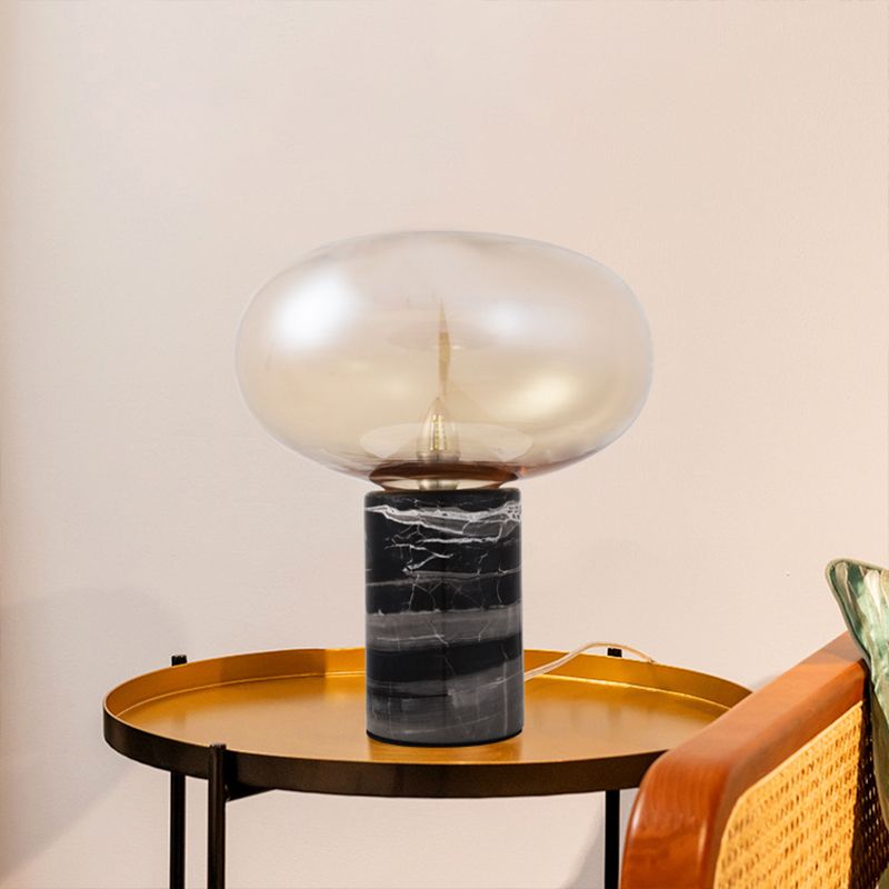 Ellipse Living Room Table Light White/Amber Glass Single Postmodern Night Lamp with Marble Pedestal in Black