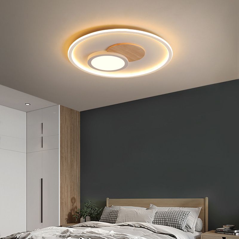 White Round Flush Light Modern Wood LED Ceiling Light Fixture for Bedroom