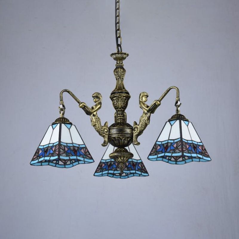 Pyramid Ceiling Chandelier Stained Glass Tiffany Style Hanging Light with Mermaid Deco in Bronze