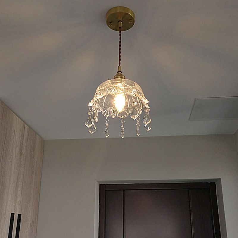 Floral Dining Room Suspension Light Retro Clear Glass 1 Light  Brass Pendant Light Fixture with Crystal Drip