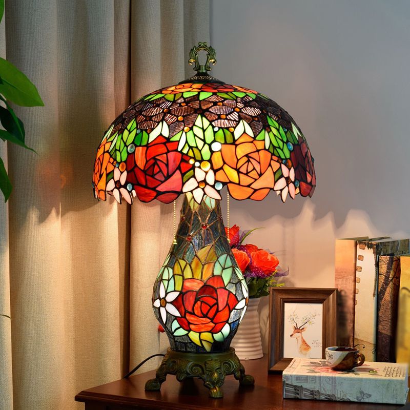 Green 3 Heads Table Lighting Tiffany Stained Art Glass Rose Pattern Nightstand Lamp with Mushroom Shade