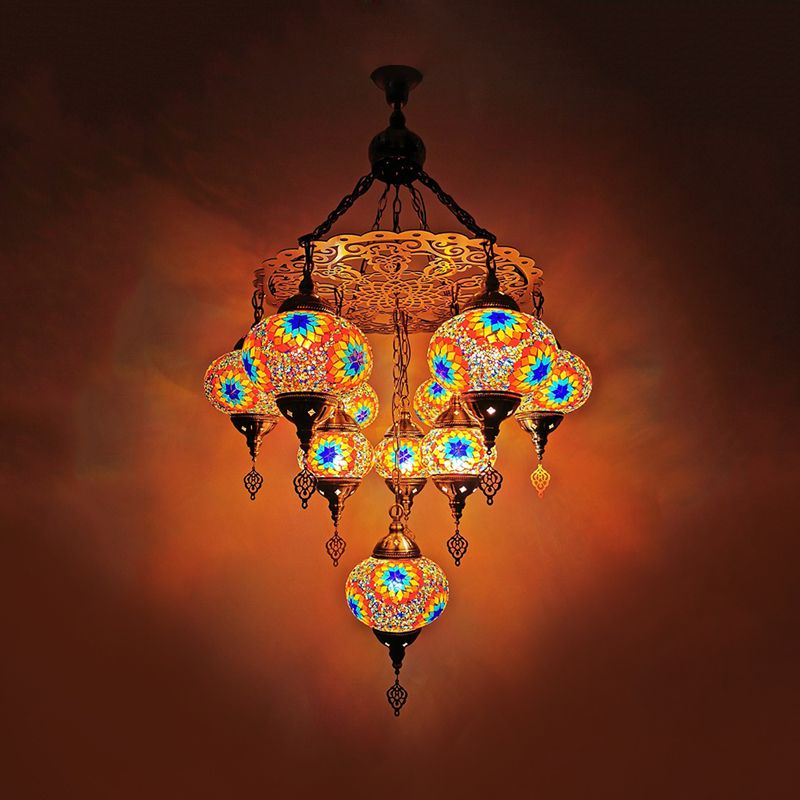 Hand Cut Glass White/Yellow/Orange Chandelier Lamp Oval 10 Lights Traditional Suspension Light for Dining Room